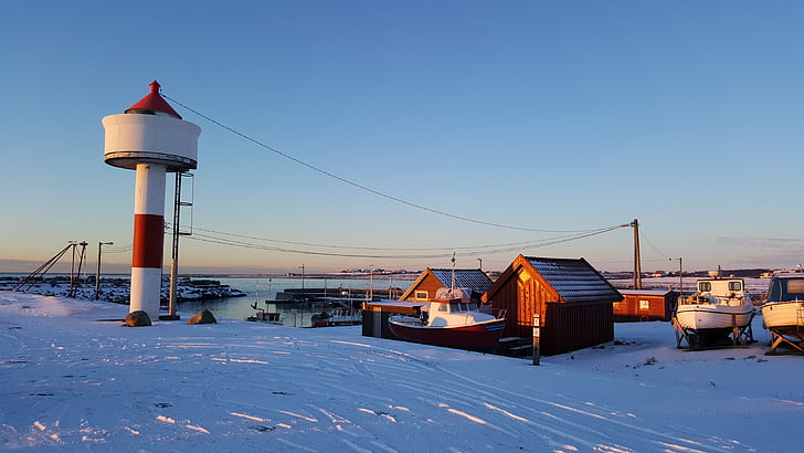 пристанище, зимни, Норвегия, сняг