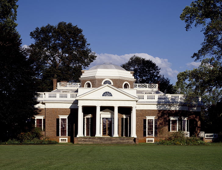Monticello, hem, historiska, Thomas jefferson, ordförande, arkitektur, framsidan
