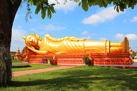 tilbagelænet buddha, Laos, Temple, buddhisme, vartegn, Sky, græs