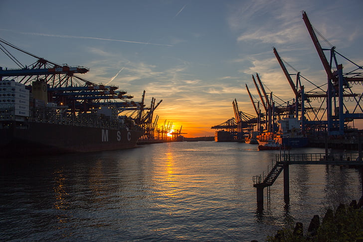 Hamburg, luka, luka Hamburg, Lučke dizalice, brodovi, vode, zalazak sunca