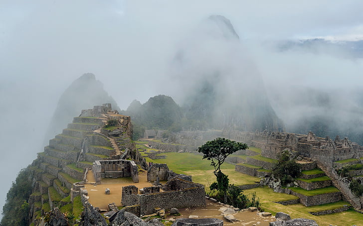 Aerial, photographie, Machu, Picchu, Pérou, brumeux, nuages