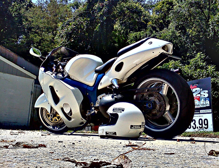 Suzuki, motorfiets, Hayabusa, wit, blauw, snel, rit
