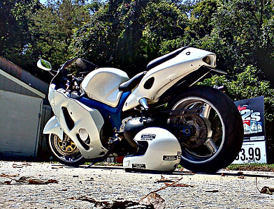 suzuki, motorcycle, hayabusa, white, blue, fast, ride