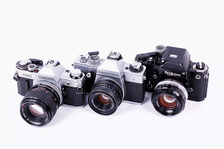 kamera, teknik, klasik, cacon, Nikon, praktica, retro