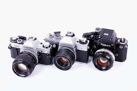 fotoaparát, technika, klasické, cacon, Nikon, Praktica, Retro