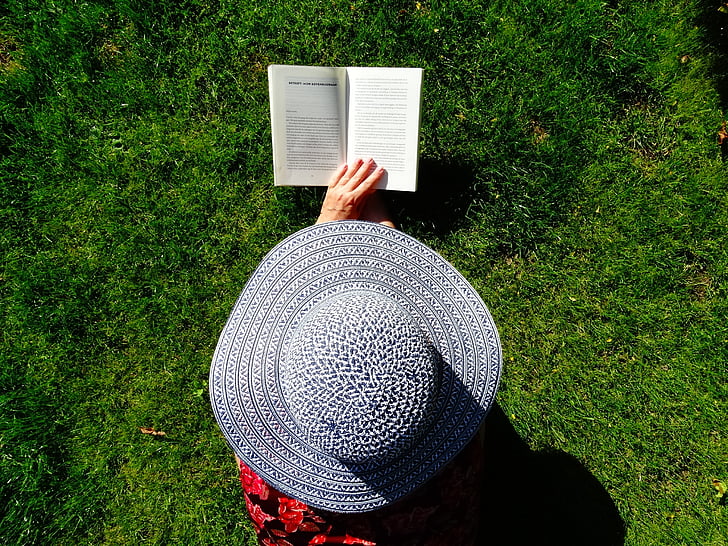 klobuk, branje, poletje, Sprostite, knjige, trava, knjiga