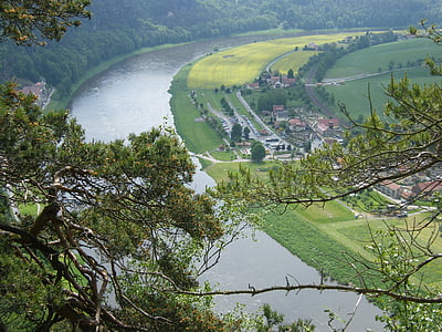 Elbe, montanhas de arenito do Elba, Saxônia, Rio, natureza, Vista aérea, Verão