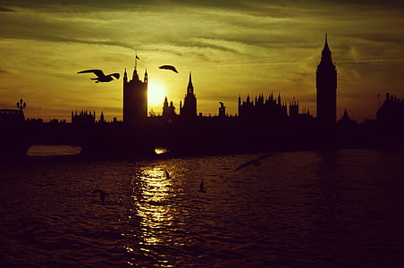 Londýn, západ slnka, London bridge, silueta, Big ben, Westminster, Anglicko