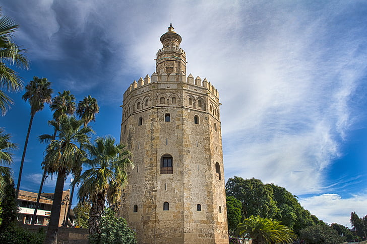 Tower, guld, Sevilla, Spanien, Andalusien, monumenter, floden