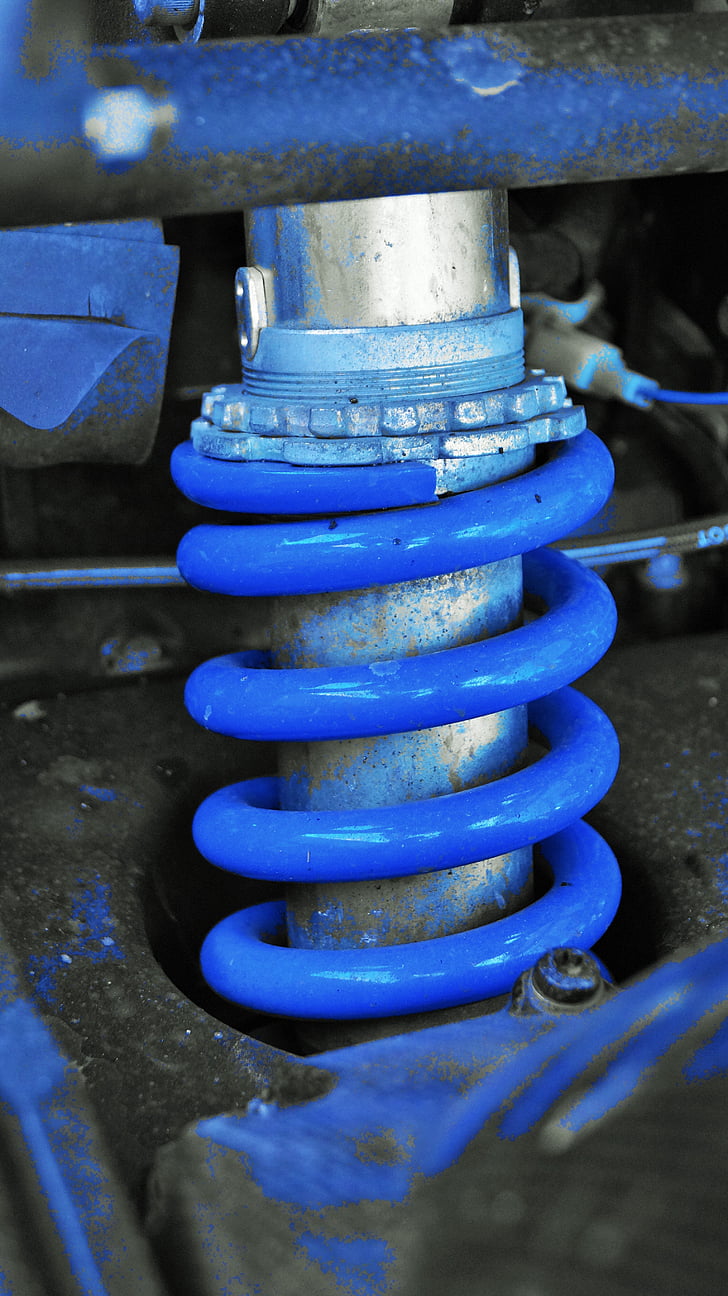 spring, blue, metal, moto, shock absorber, particular, photo