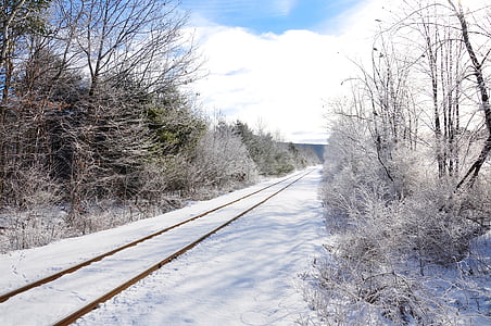 jalur kereta api, salju, musim dingin, melacak, kereta api, pemandangan, dingin