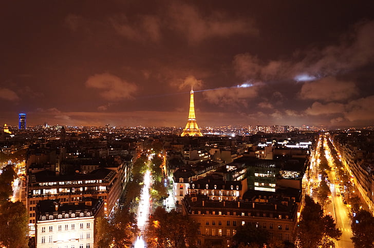 Paris, Torre Eiffel, cidade, à noite, capital, arquitetura, Francês