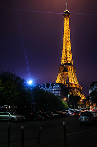 Paris, Frankrig, Eiffeltårnet, belyst, vartegn, Steder af interesse, nat
