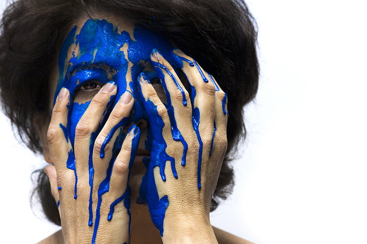 color, cara, blau, pintura, dona, fons blanc, part del cos humà