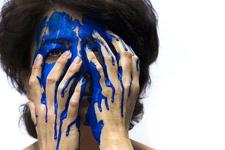 Cor, cara, azul, pintura, mulher, fundo branco, parte do corpo humano