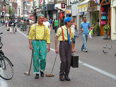 klauni, pouličný umelec, Amersfoort, ľudia, Ulica, muži, Mestská scéna