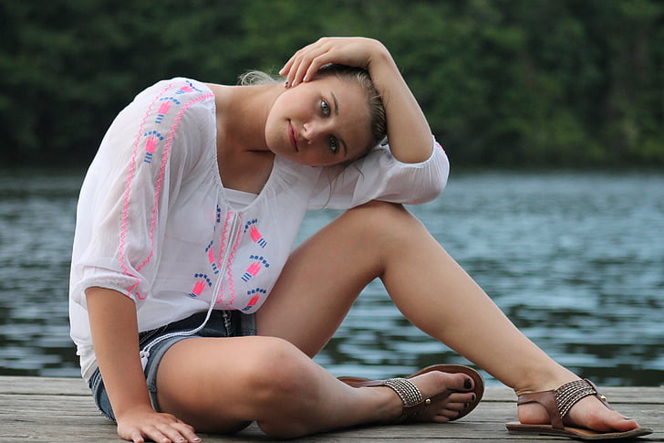 girl, portrait, outdoors, pretty, posing, sitting, lake
