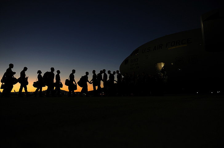 airmen boarding, plane, air force, military, night, silhouette, transport
