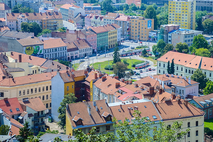 Brno, City, Downtown, antenne, tjekkisk, by, rejse