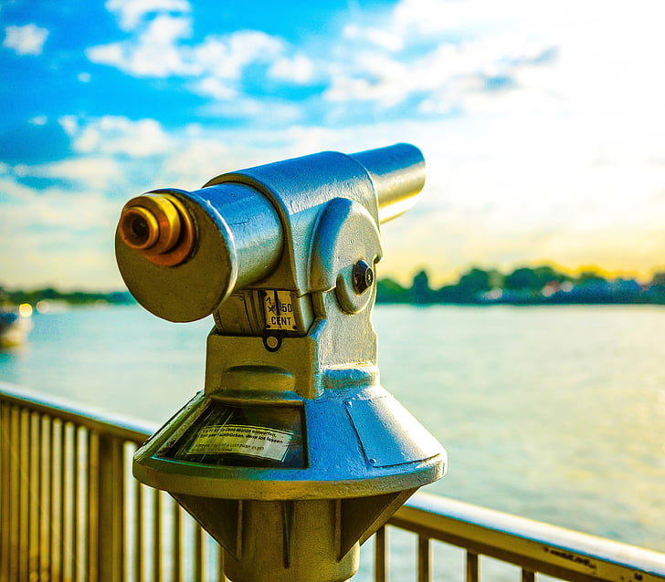 rhine, telescope, river, cologne, distant view, metal, coins telescope