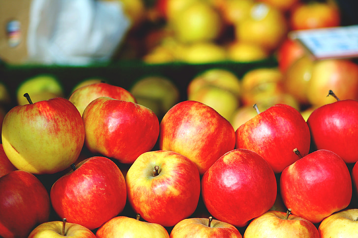 ябълка, пазар, червен, кошница, много, вкусни, витамини