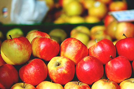 แอปเปิ้ล, ตลาด, สีแดง, ตะกร้า, หลาย, อร่อย, วิตามิน