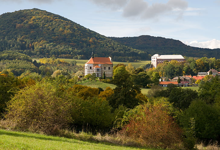 landskab, efterår, Village, České Mittelgebirge, farver, solen, Se