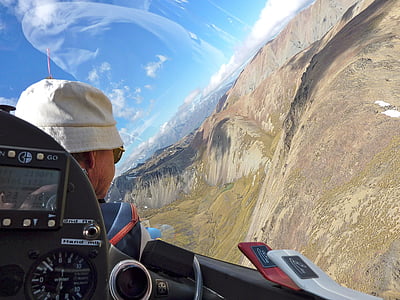 glider, mountains, view, cockpit, pilot, landscape, extreme