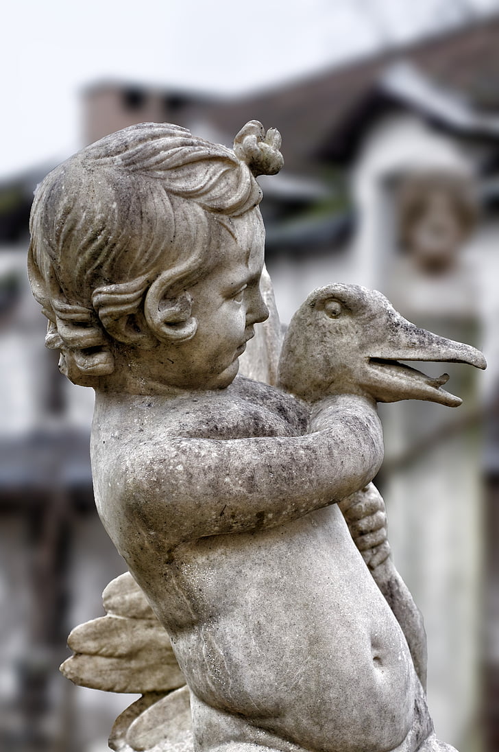 statue, child, pierre, duck, cherub, sculpture, architecture