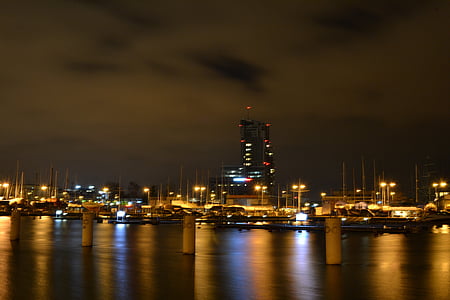 Pelabuhan, malam, Waterfront, air, refleksi, iluminasi, lampu