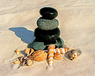 kameny, mořské mušle, pláž, písek, ploché kameny, moře kameny, kameny zen