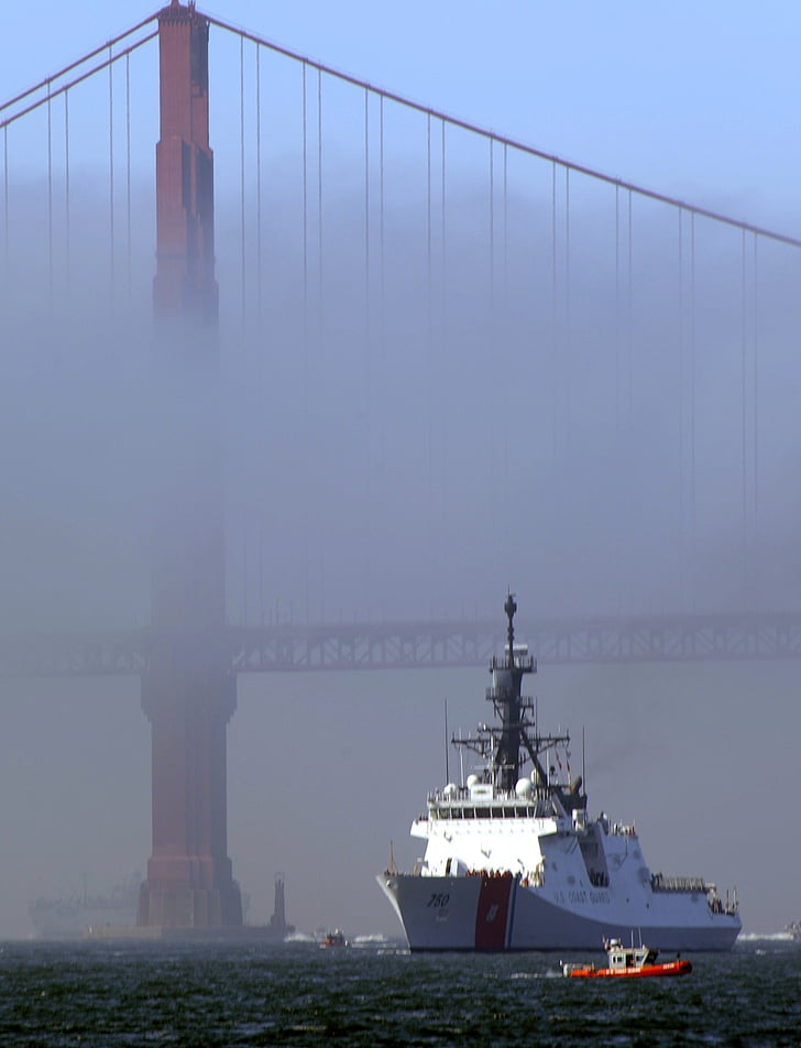Golden gate bridge, brouillard, navire, Cutter, Nous coast guard, célèbre, suspension
