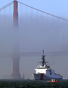 golden gate bridge, fog, ship, cutter, us coast guard, famous, suspension