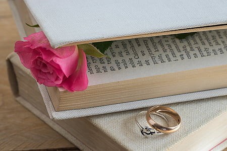 book, canvas artwork, old book, love story, wedding ring, ring, rose