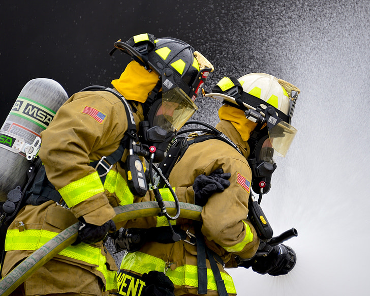 brannmenn, brann, stående, trening, skjerm, Hot, varme