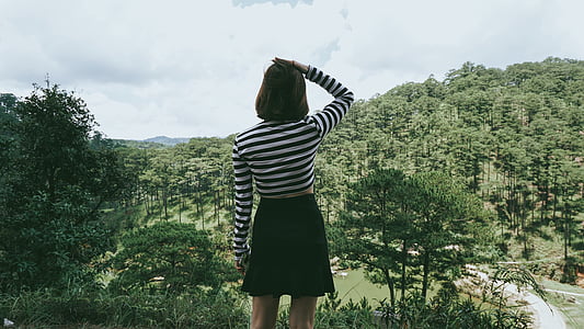 woman, standing, top, mountain, white, black, stripe