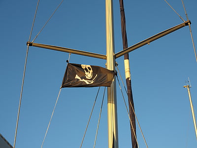 pirate, sea, blue, flag, pirate ship, sailing boat, masts