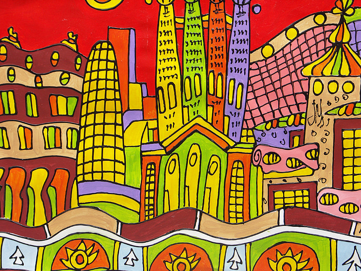 Βαρκελώνη, σχέδιο, σπίτια, τέχνη, πολύχρωμο, αρχιτεκτονική, διάνυσμα