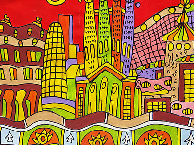 Barcelona, Rysunek, Domy, sztuka, kolorowe, Architektura, wektor