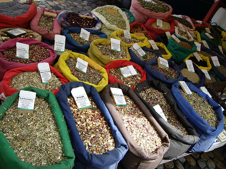 market stall, teas, tee, bags, market
