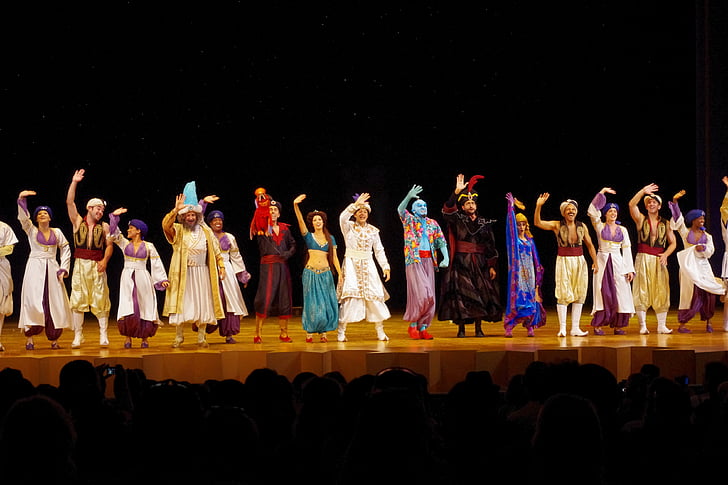 Aladdin, spill, teater, Cast, mannskap, bue, scenen