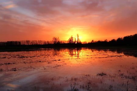 solnedgang, rapportert, flom, skyer, refleksjon, natur, Lake
