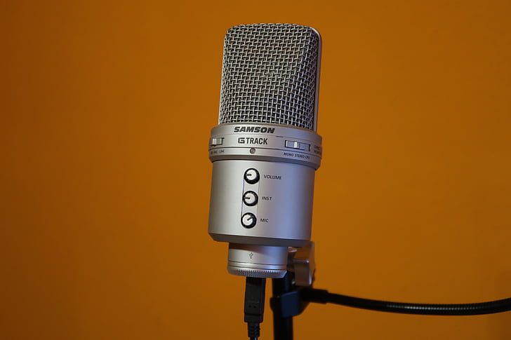 microphone, samson, subject, orange wall, silver, audio, recording