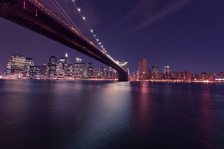 bridge, buildings, city, landmark, lights, manhattan, new york