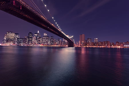 puente, edificios, ciudad, punto de referencia, luces, Manhattan, nueva york