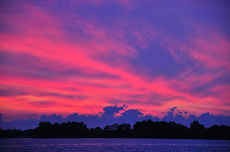 púrpura, rosa, puesta de sol, al atardecer, silueta, agua, naturaleza
