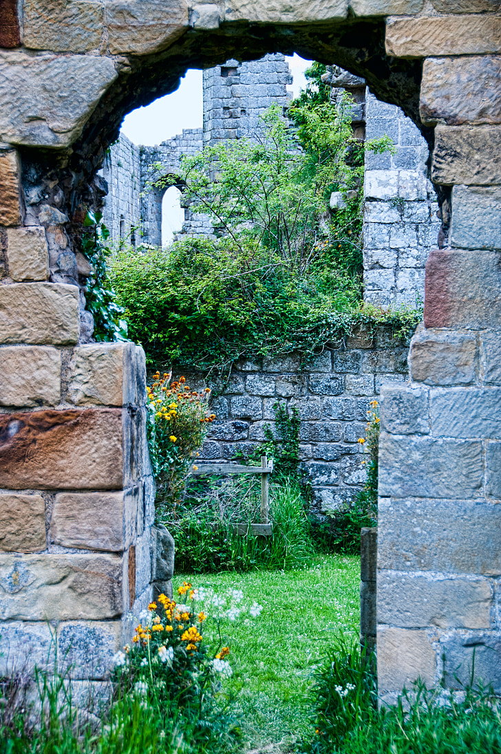 Abbaye, riveaux, mur, trou de serrure, Yorkshire, jardins, entrée