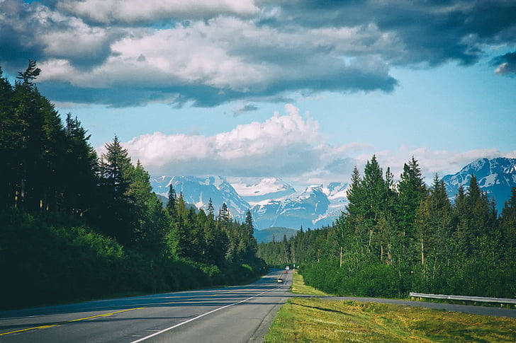 Alaska, autostrada di Seward, strada, foresta, alberi, boschi, cielo