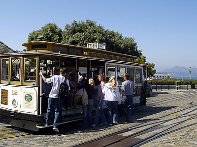 san francisco, cable car, crowd, transportation, tourist attraction, tracks, california