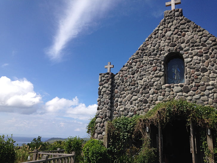 stone church, blue sky, travel, philippines